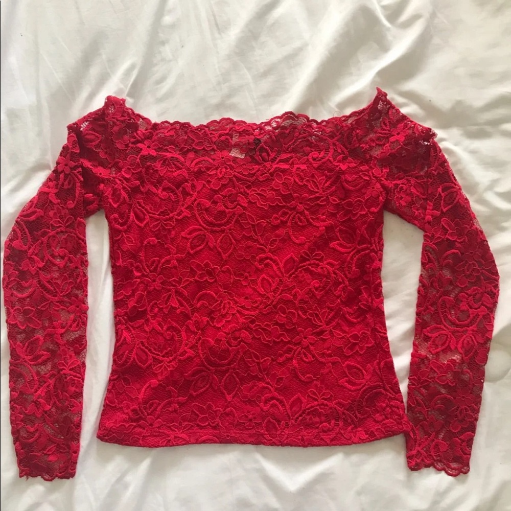 Red Lace Off Shoulder Top - Picture 2 of 3